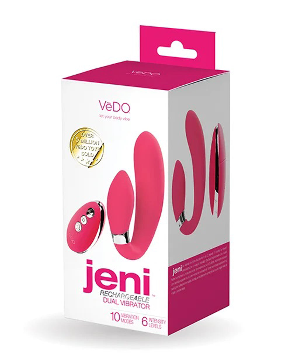 Jeni C-Shaped Dual Motor Vibrator - 10 Modes, 6 Intensity Levels, Remote Control Pink