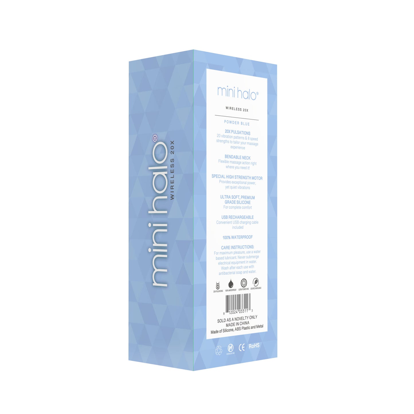 Halo Mini Wand Vibrator 20 Patterns Flexible Neck Waterproof Light Blue Rechargeable