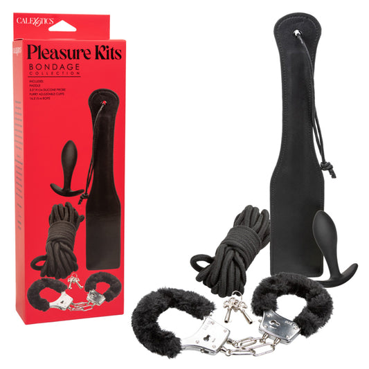 4-Piece BDSM Bondage Kit - Paddle, Rope, Plug & Furry Cuffs Black