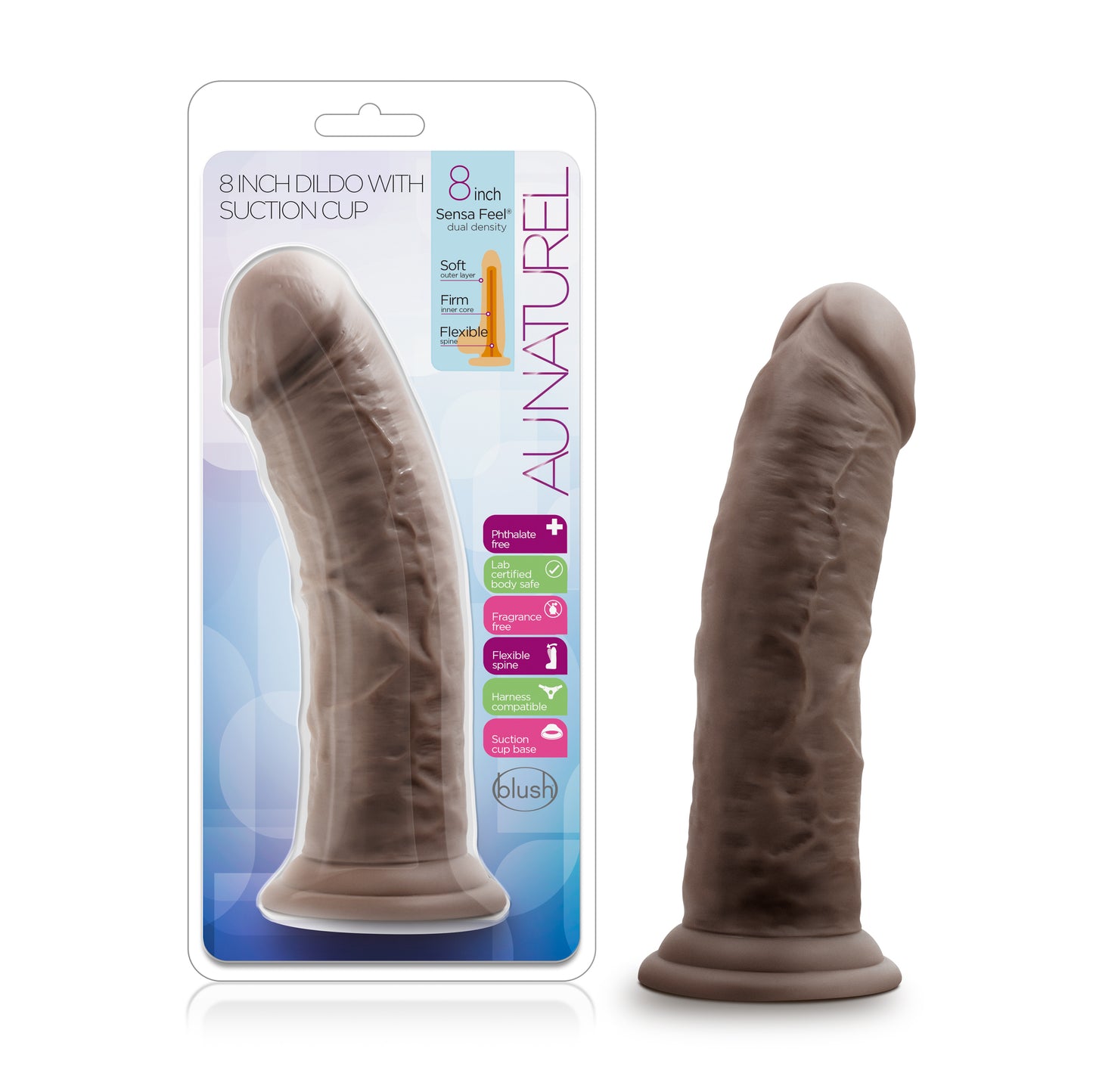 Au Naturel Realistic Chocolate Dildo 8" with Flex Shaft & Suction Cup
