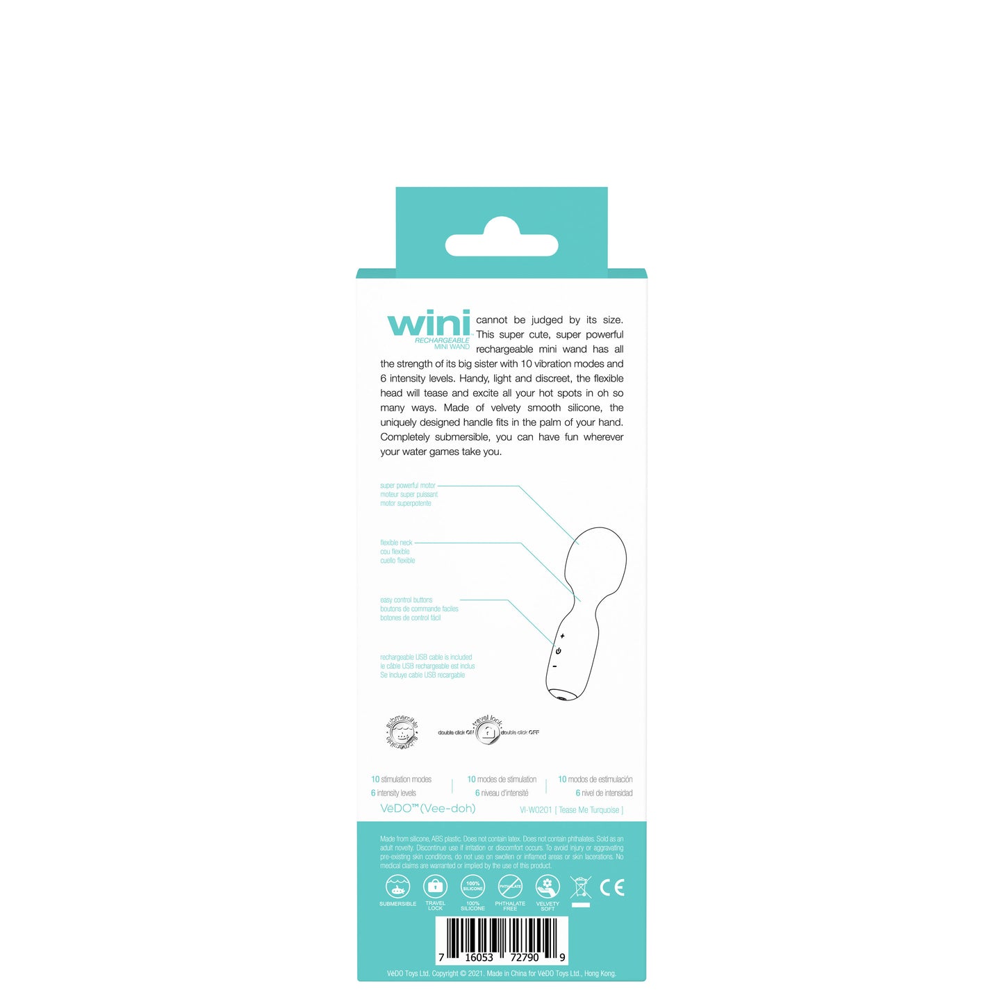 WINI Mini Vibrator Rechargeable 10 Modes 6 Intensities Waterproof Turquoise