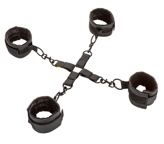 Hogtie BDSM Adjustable Padded Cuffs Set with Hog Tie Connector - Black