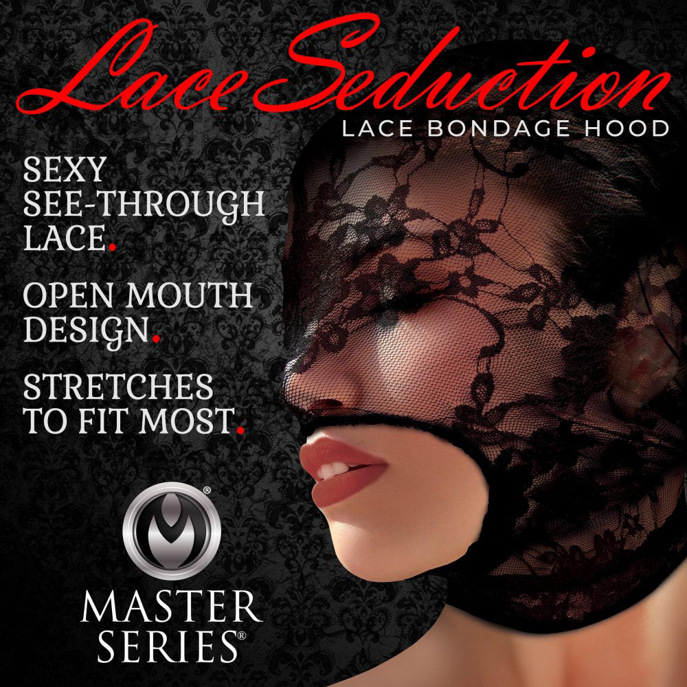 Black Lace Open Mouth Bondage Hood – Sensual BDSM Mask