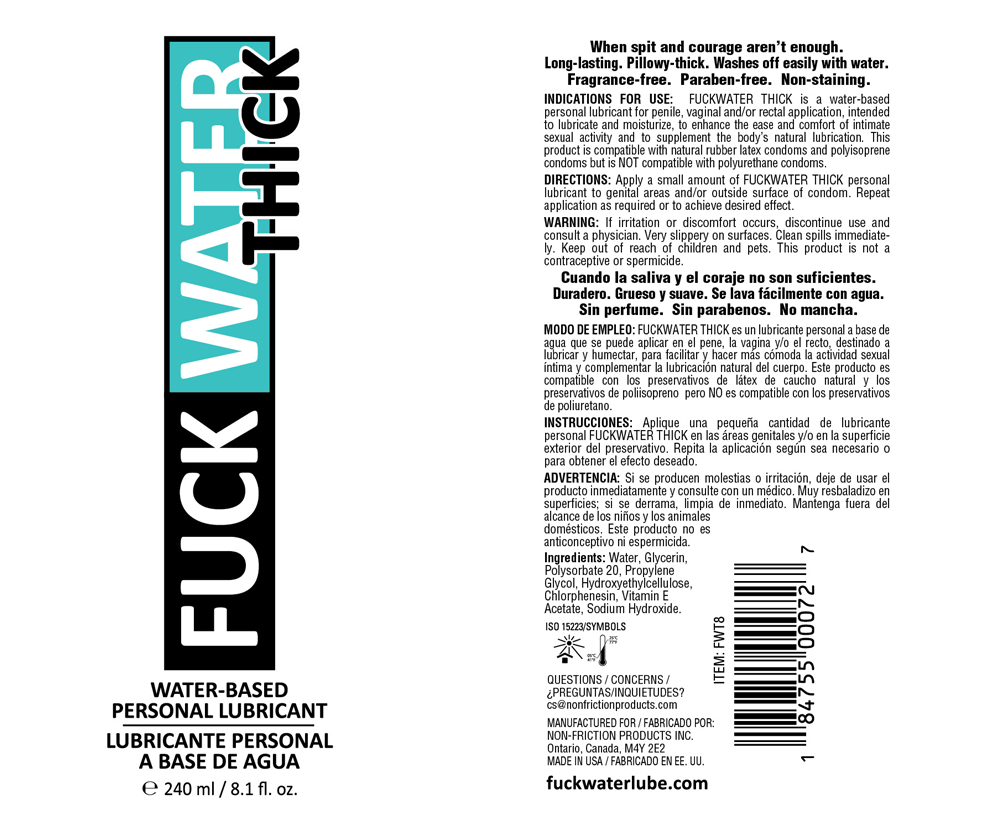 Fuck Water Thick - Extra Thick Water-Based Lubricant 8oz Clear & Cushioned