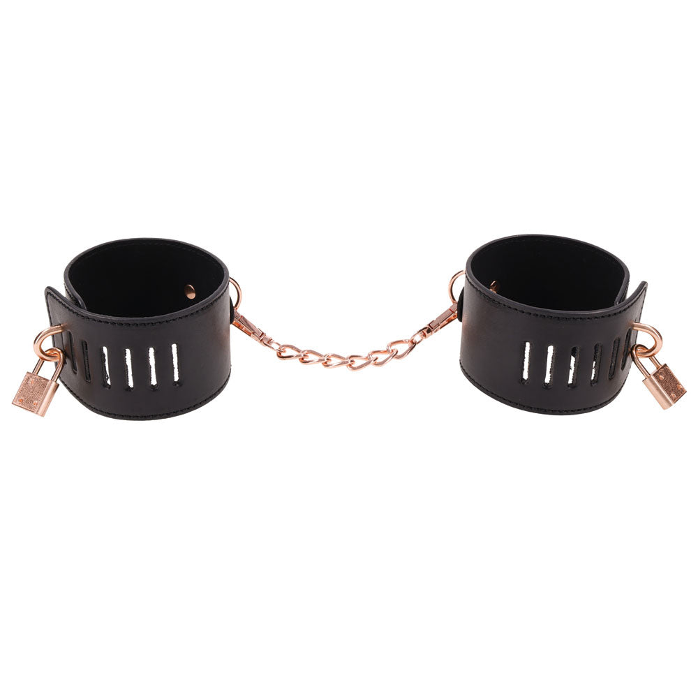 Luxury Bondage Handcuffs with Padlock - Black Faux Leather & Gold Hardware