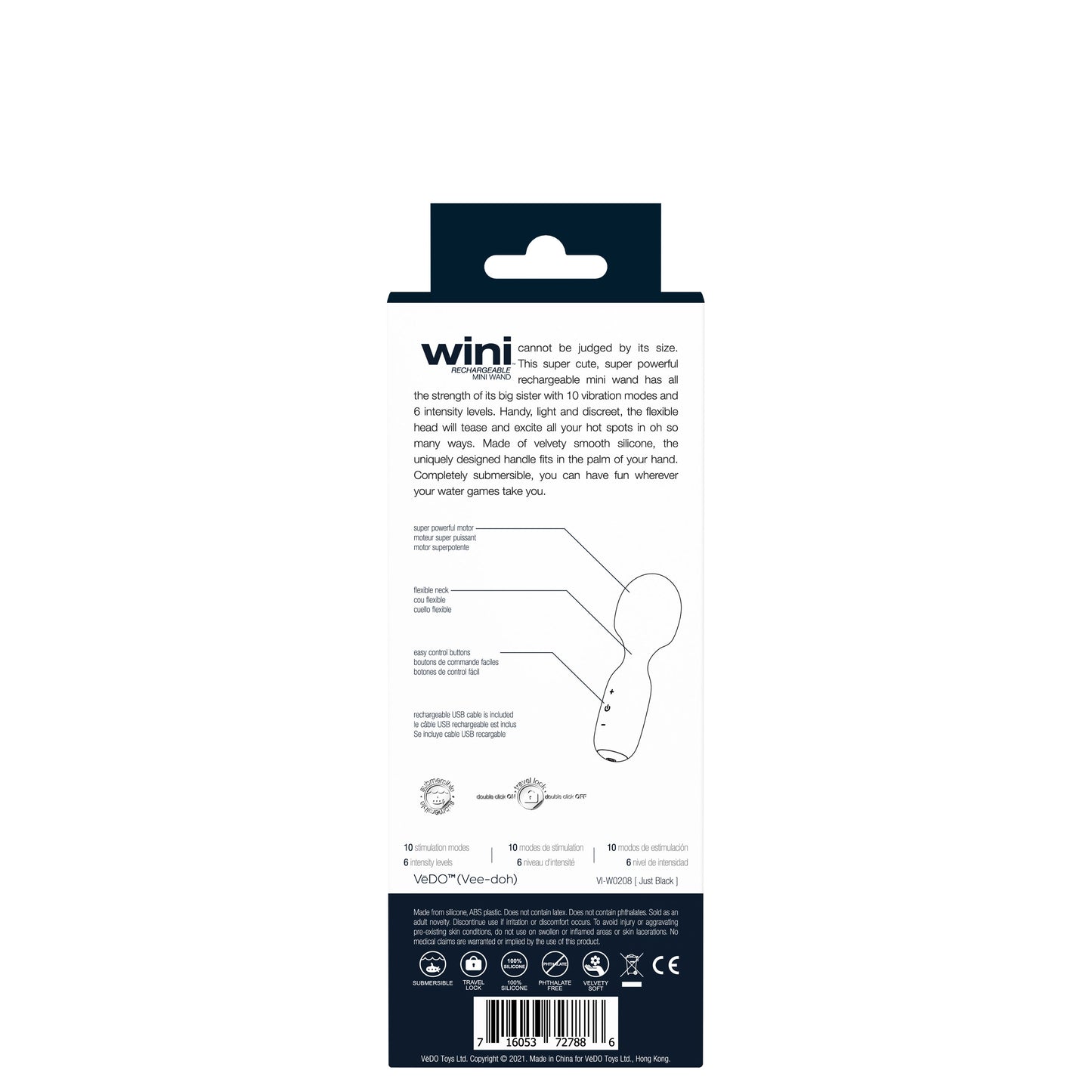 WINI Mini Vibrator Rechargeable 10 Modes 6 Intensities Waterproof Black