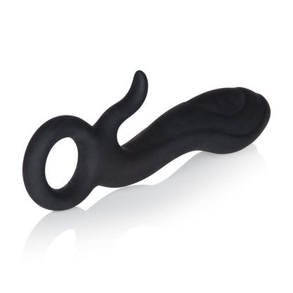 Ergonomic Curved Silicone Prostate Massager with Ring Handle - Black