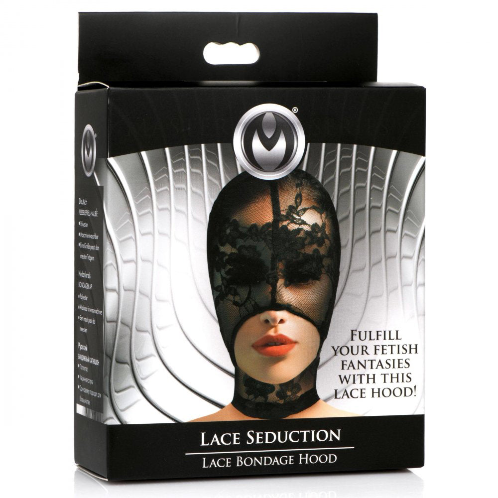 Black Lace Open Mouth Bondage Hood – Sensual BDSM Mask