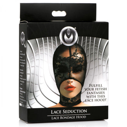 Black Lace Open Mouth Bondage Hood – Sensual BDSM Mask