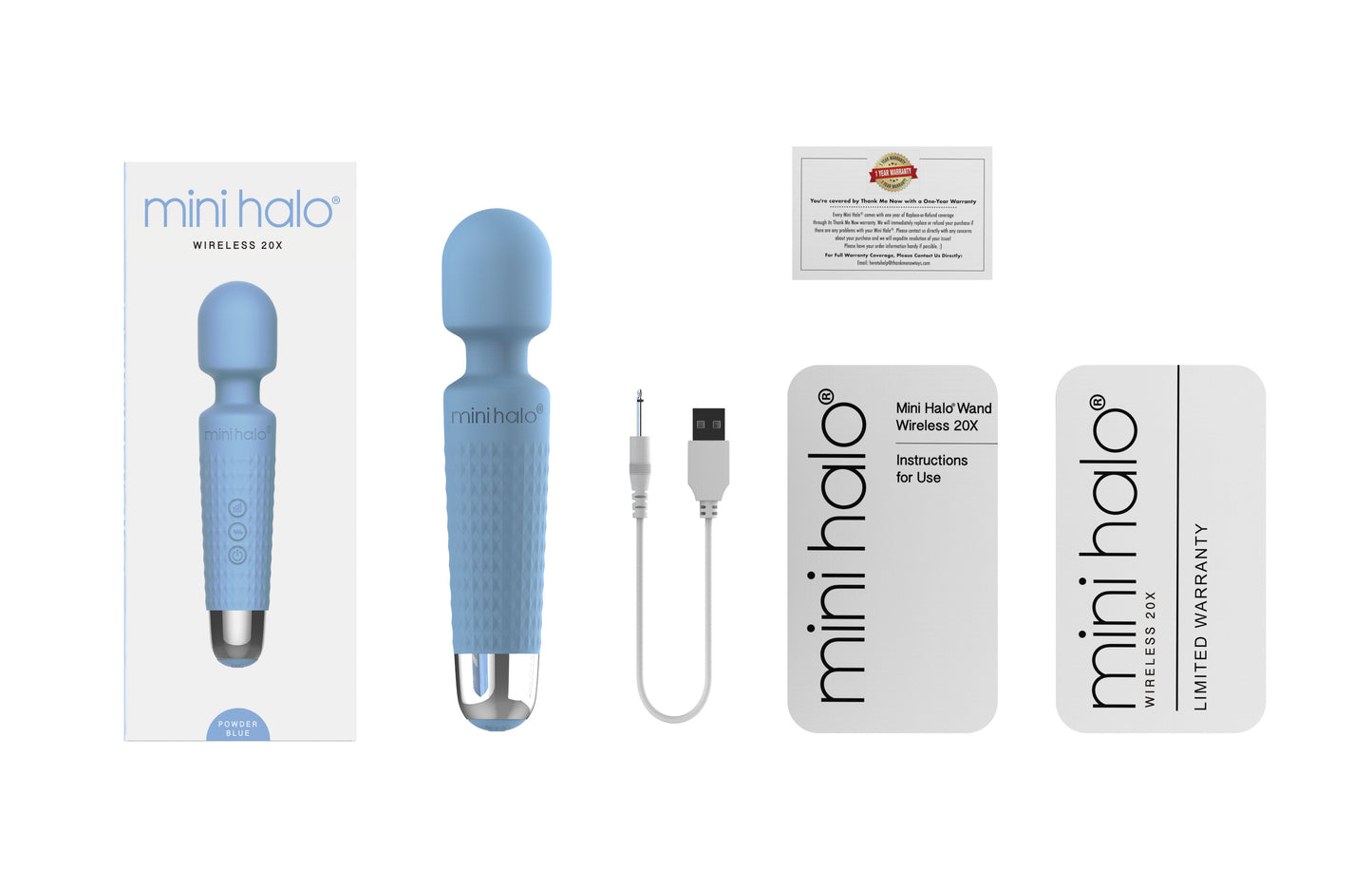 Halo Mini Wand Vibrator 20 Patterns Flexible Neck Waterproof Light Blue Rechargeable