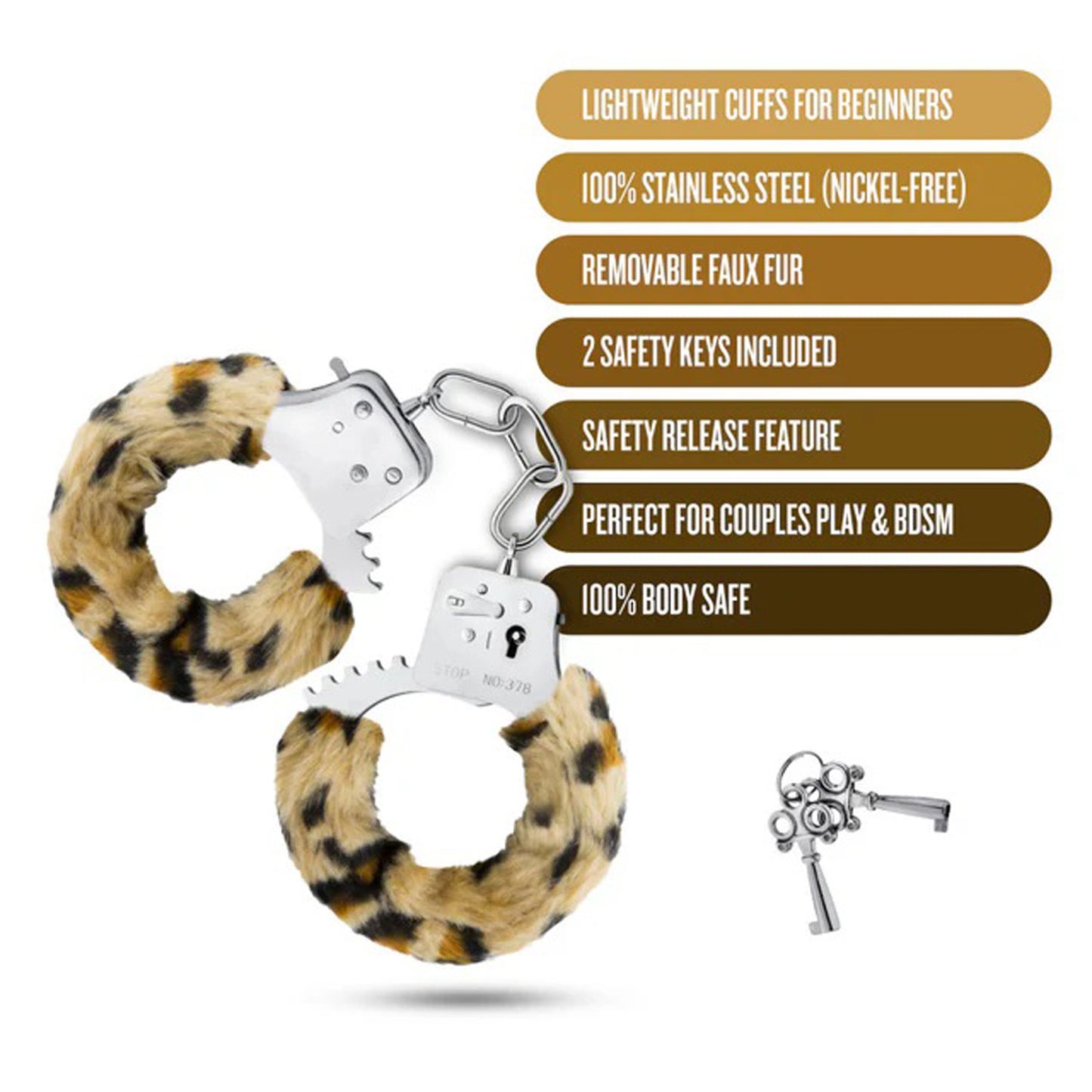 Beginner Leopard Print Faux Fur Cuffs - Black Quick-Release Bondage