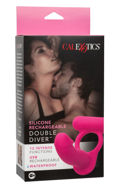 Rechargeable Double Penetration Vibrator - Silicone Cock Ring + Anal Probe, 12 Modes Pink