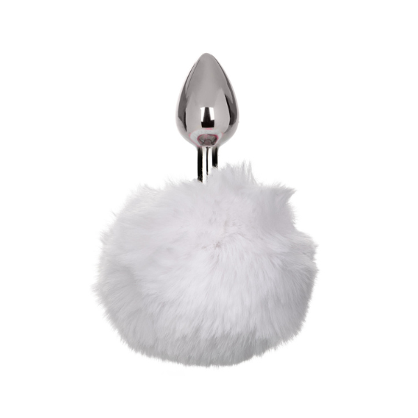 White Bunny Tail Butt Plug 2.5" Metal Probe Fluffy Tail Anal Plug
