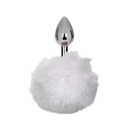 White Bunny Tail Butt Plug 2.5" Metal Probe Fluffy Tail Anal Plug