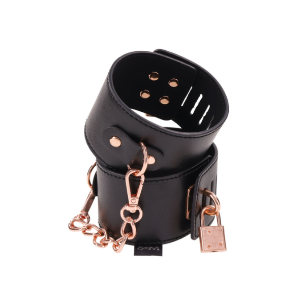 Luxury Bondage Handcuffs with Padlock - Black Faux Leather & Gold Hardware