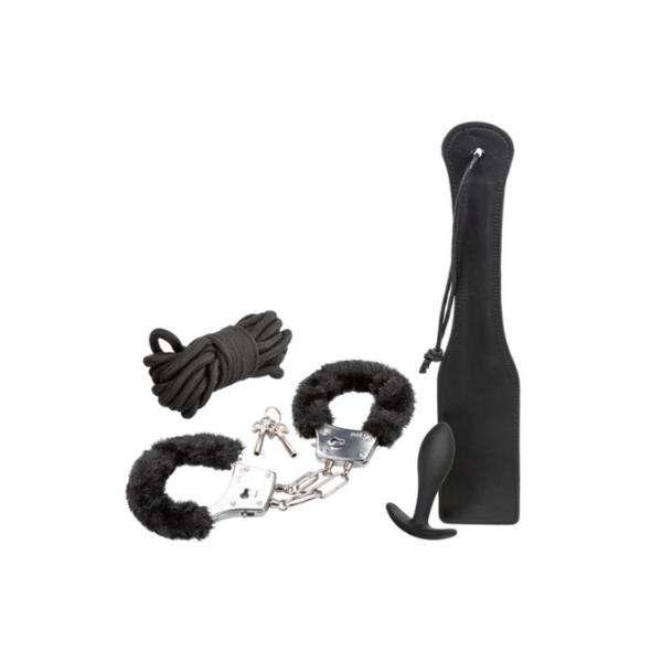 4-Piece BDSM Bondage Kit - Paddle, Rope, Plug & Furry Cuffs Black