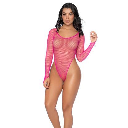 Long Sleeve Fishnet Mesh High Cut Bodysuit - One Size