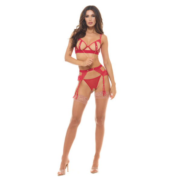 Red Adjustable Chain Lingerie Set 3-Piece - Harness Bra G-String Open Front