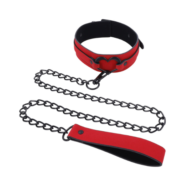 Amor Heart Collar & Leash Set - Red Faux Leathe