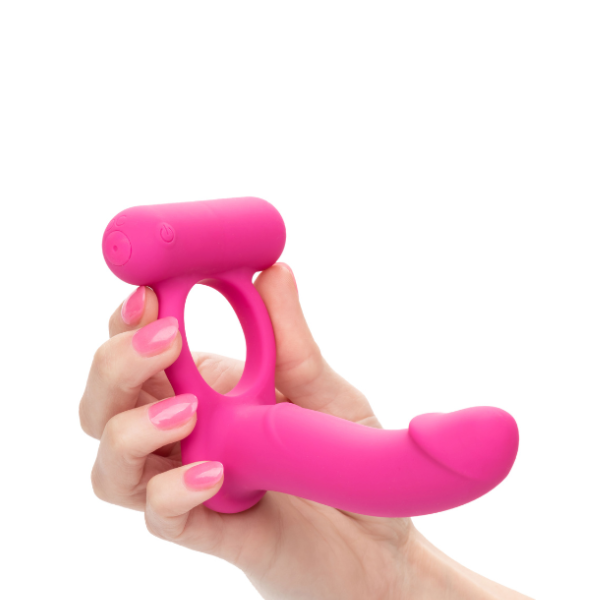 Rechargeable Double Penetration Vibrator - Silicone Cock Ring + Anal Probe, 12 Modes Pink