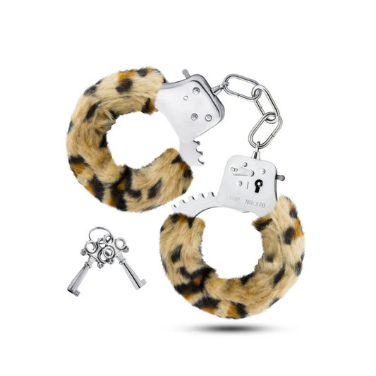 Beginner Leopard Print Faux Fur Cuffs - Black Quick-Release Bondage