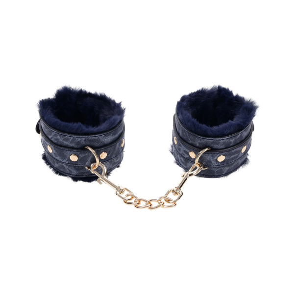 Luxury Faux Fur Handcuffs - Blue with Gold Hardware, Adjustable BDSM Restraints
