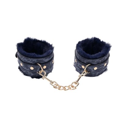Luxury Faux Fur Handcuffs - Blue with Gold Hardware, Adjustable BDSM Restraints