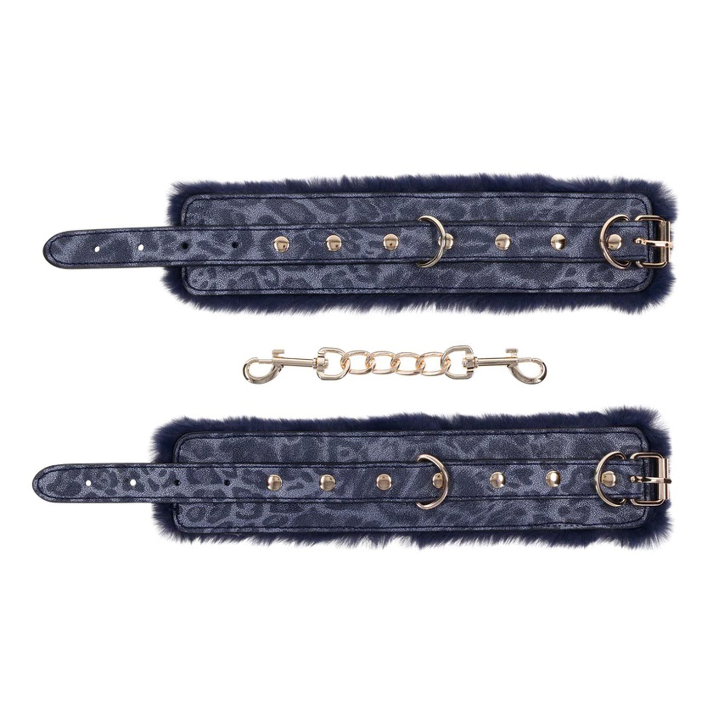 Luxury Faux Fur Handcuffs - Blue with Gold Hardware, Adjustable BDSM Restraints