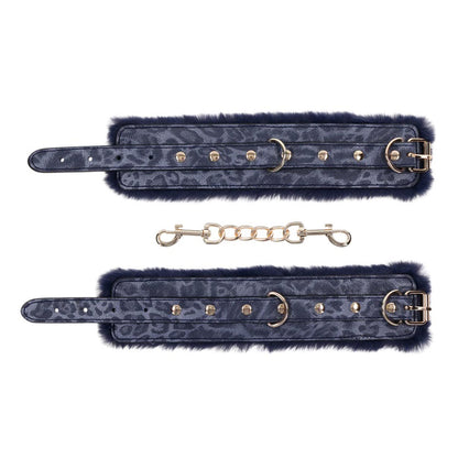 Luxury Faux Fur Handcuffs - Blue with Gold Hardware, Adjustable BDSM Restraints