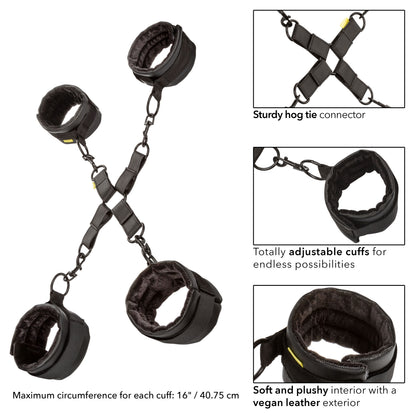 Hogtie BDSM Adjustable Padded Cuffs Set with Hog Tie Connector - Black