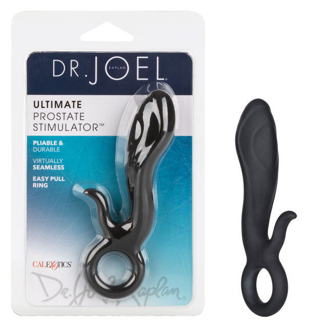 Ergonomic Curved Silicone Prostate Massager with Ring Handle - Black