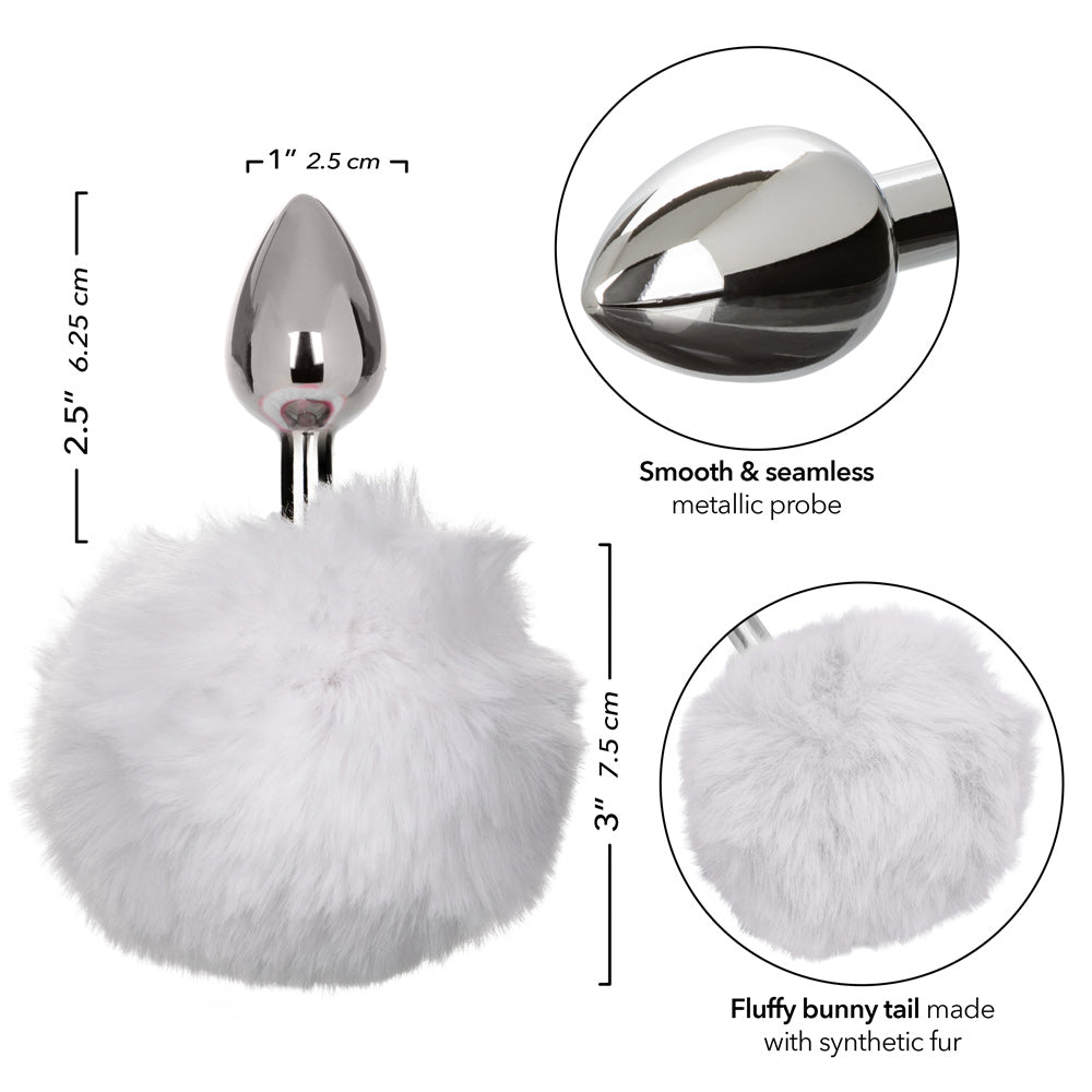 White Bunny Tail Butt Plug 2.5" Metal Probe Fluffy Tail Anal Plug