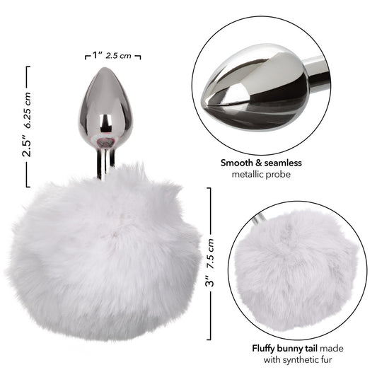 White Bunny Tail Butt Plug 2.5" Metal Probe Fluffy Tail Anal Plug