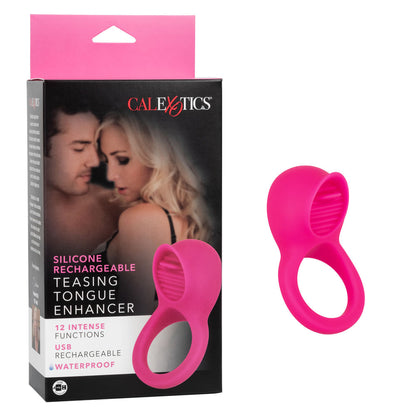 Rechargeable Tongue Vibrating Cock Ring - Silicone Teasing Tongue Enhancer, 12 Modes Pink