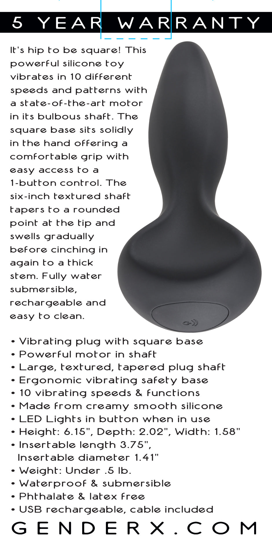 Vibrating Prostate Massager 6.15" Rechargeable Silicone Black Square Base