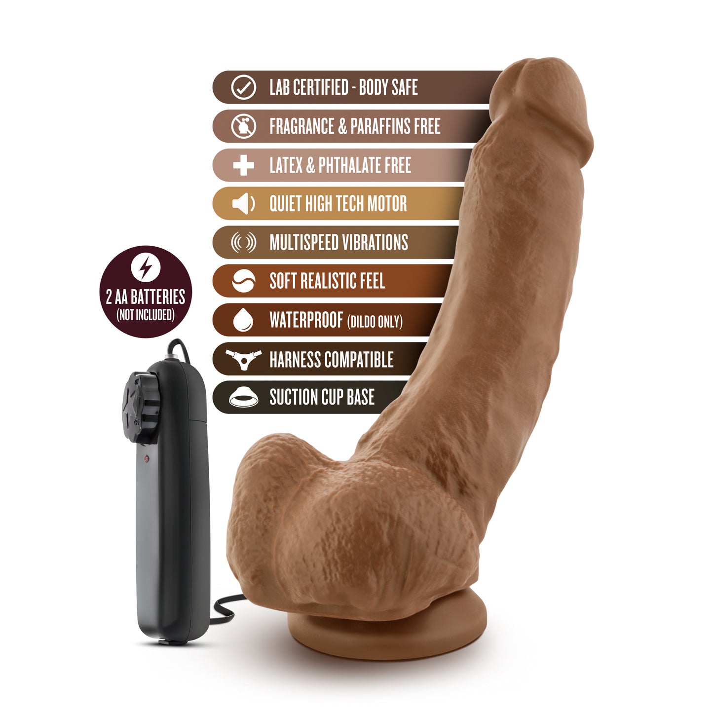 Cowboy 9 Inch Realistic Vibrator - Mocha Realistic Dildo with Remote & Suction Cup