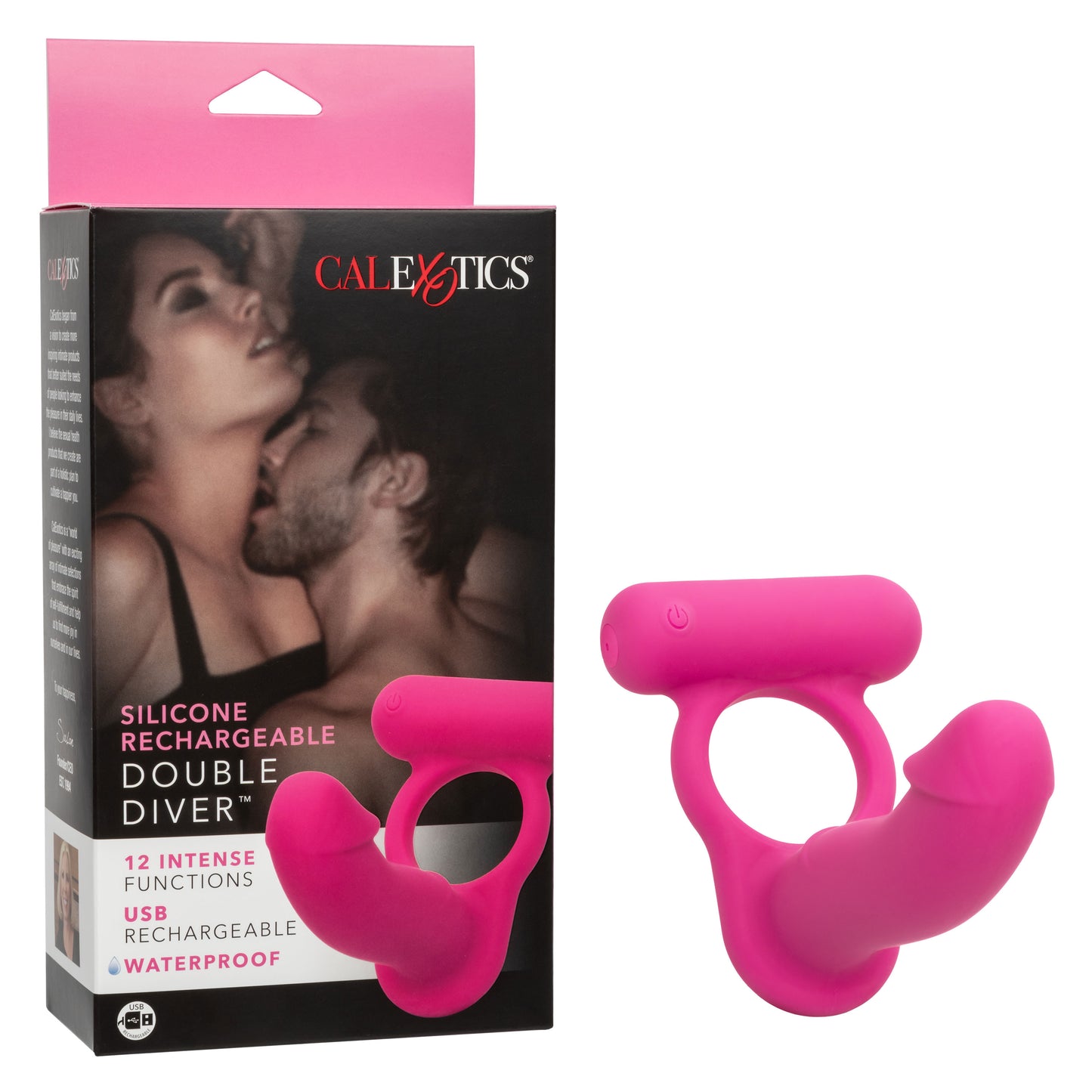 Rechargeable Double Penetration Vibrator - Silicone Cock Ring + Anal Probe, 12 Modes Pink