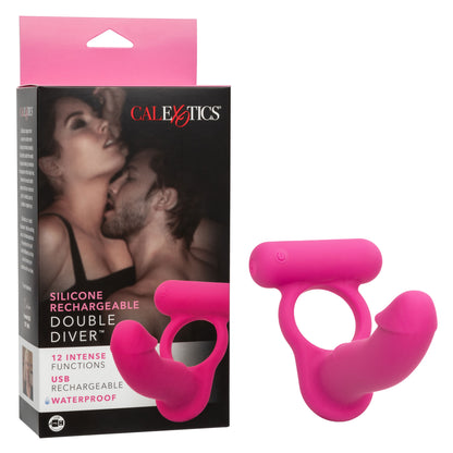 Rechargeable Double Penetration Vibrator - Silicone Cock Ring + Anal Probe, 12 Modes Pink