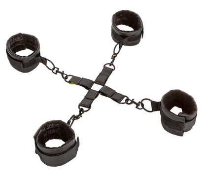 Hogtie BDSM Adjustable Padded Cuffs Set with Hog Tie Connector - Black