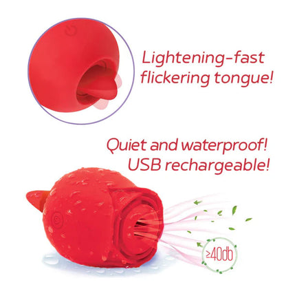 Wild Rose Sucking & Licking Clitoral Stimulator - Red Dual Air Pulse & Tongue Toy