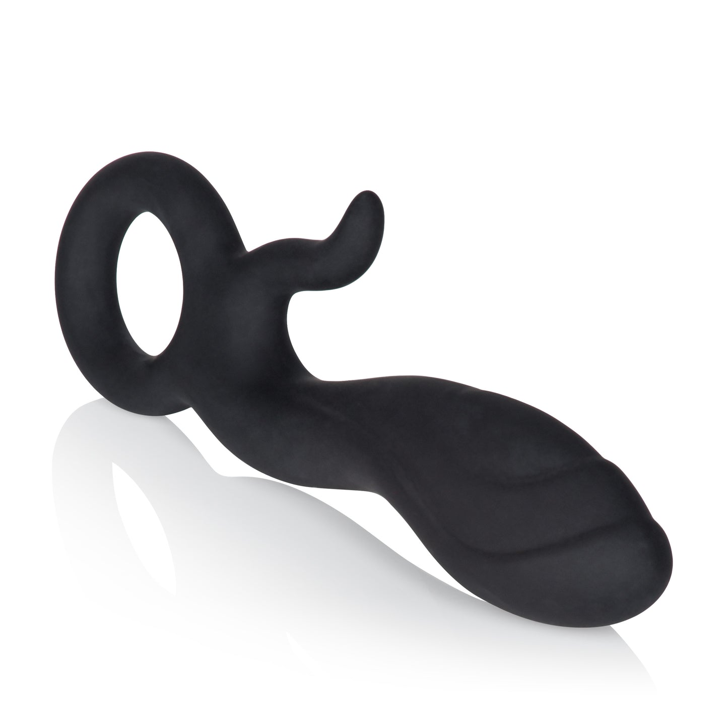 Ergonomic Curved Silicone Prostate Massager with Ring Handle - Black