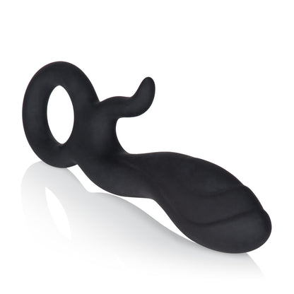 Ergonomic Curved Silicone Prostate Massager with Ring Handle - Black
