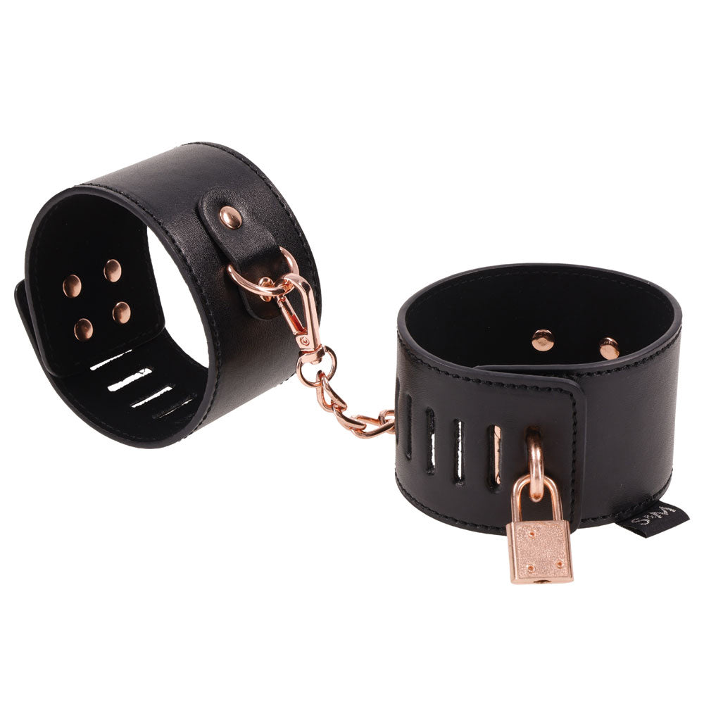 Luxury Bondage Handcuffs with Padlock - Black Faux Leather & Gold Hardware