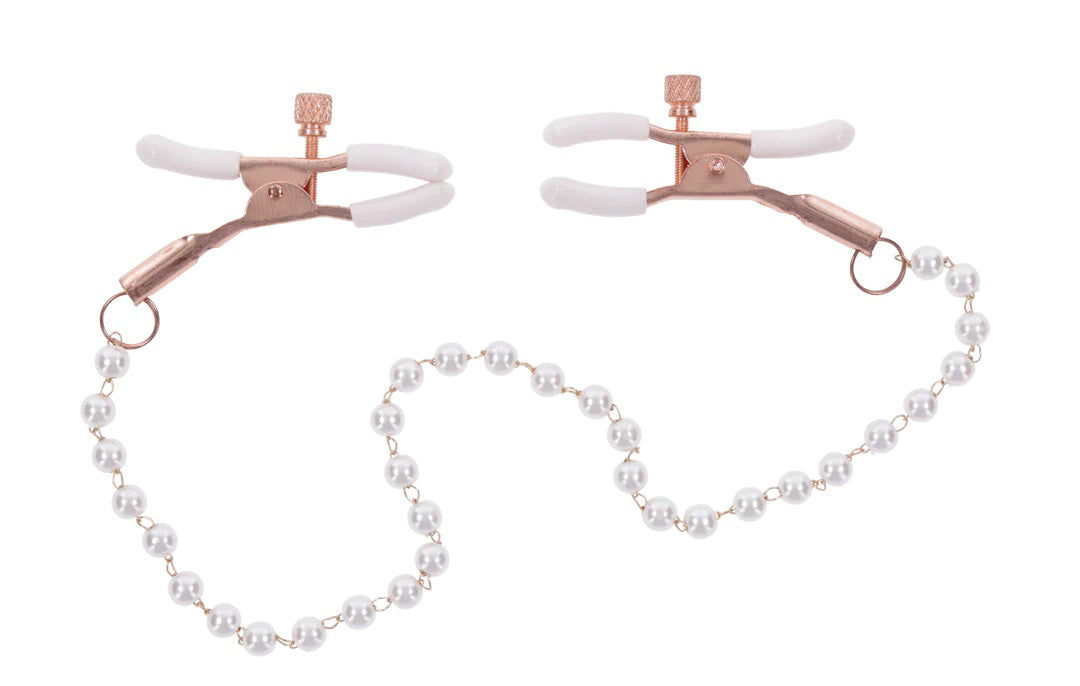 Adjustable Nipple Clamps with Pearl Chain - Pink & Gold BDSM Jewelry