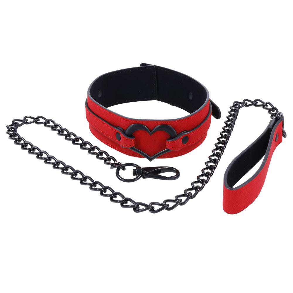 Amor Heart Collar & Leash Set - Red Faux Leathe