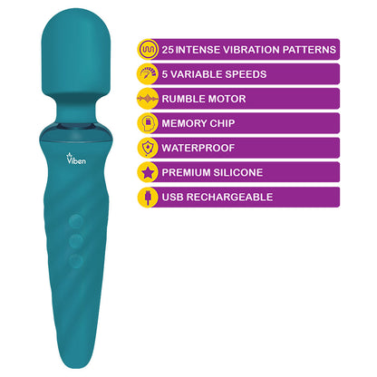 Fierce Wand Massager 25 Patterns 5 Speeds Memory Rechargeable Silicone Ocean Blue