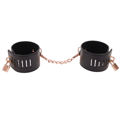 Luxury Bondage Handcuffs with Padlock - Black Faux Leather & Gold Hardware