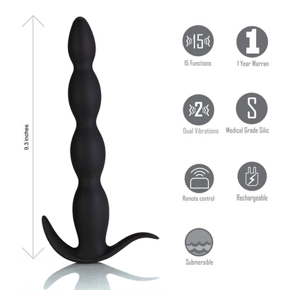 Remote Control Rechargeable Vibrating Anal Plug with Beaded Design - Black