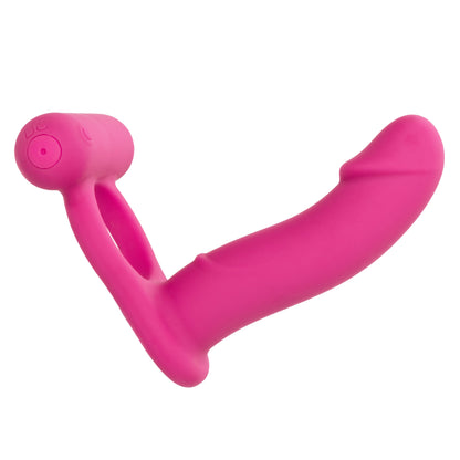 Rechargeable Double Penetration Vibrator - Silicone Cock Ring + Anal Probe, 12 Modes Pink