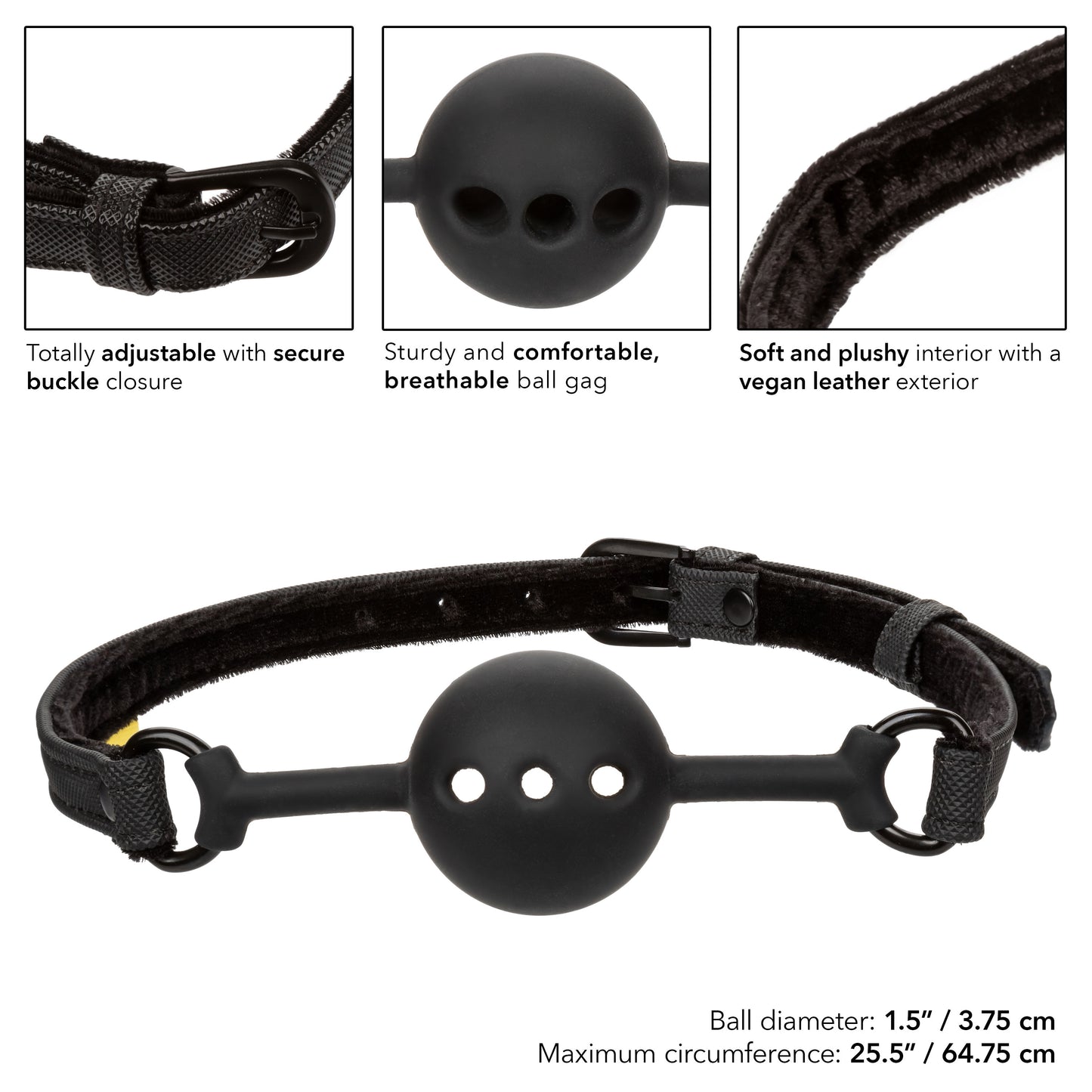 Breathable Silicone Ball Gag - Adjustable BDSM Gag with Padded Straps Black